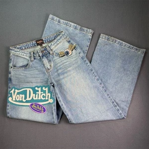 VON DUTCH 90s Mid Rise Wide-Leg Patchwork Medium Wash Jeans Winged Eyeball Sz 0 - Picture 1 of 19