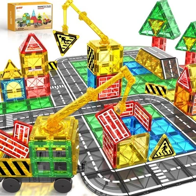 Azulejos magnéticos bloques de construcción de carreteras - juego de grúa magnética para niños de 3 a 5 años Foto 1 de 4
