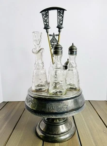 Antique Aurora Triple Plate Castor Cruet Set w/ Etched Bottles 1800s READ - Picture 1 of 10