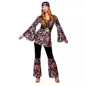 Adult PEACE LOVIN' HIPPIE Ladies Fancy Dress 1960 60s Hippy Costume UK Size 6-28 - Picture 1 of 7