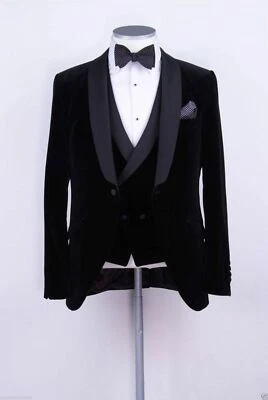 Hombres Trajes Negros Terciopelo Diseñador Elegantes Boda Cena Trajes (Abrigo+Pantalón+Chaleco) Foto 1 de 3