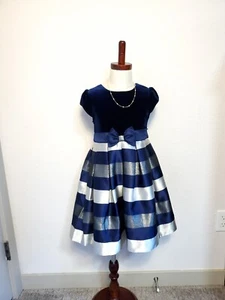 Jona Michelle Girls Blue Velvet Striped Cap Sleeve Tie Up Back A Line Dress 5T - Picture 1 of 6