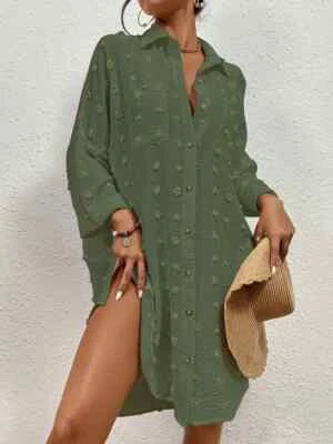 BSUBSEACH - Bohemian Army Green Swiss Dot Button Shirt Dress - One Size - BNNT - Image 1 of 4
