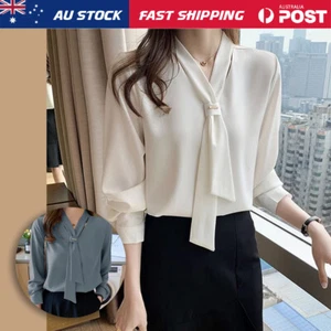 Solid Tie Neck Blouse, Elegant Long Sleeve Work Office Blouse, Women's Clothing - Picture 1 of 10