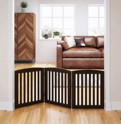Puerta plegable de madera para mascotas PAWLAND de 24" de altura-3 paneles, espresso  Foto 1 de 4