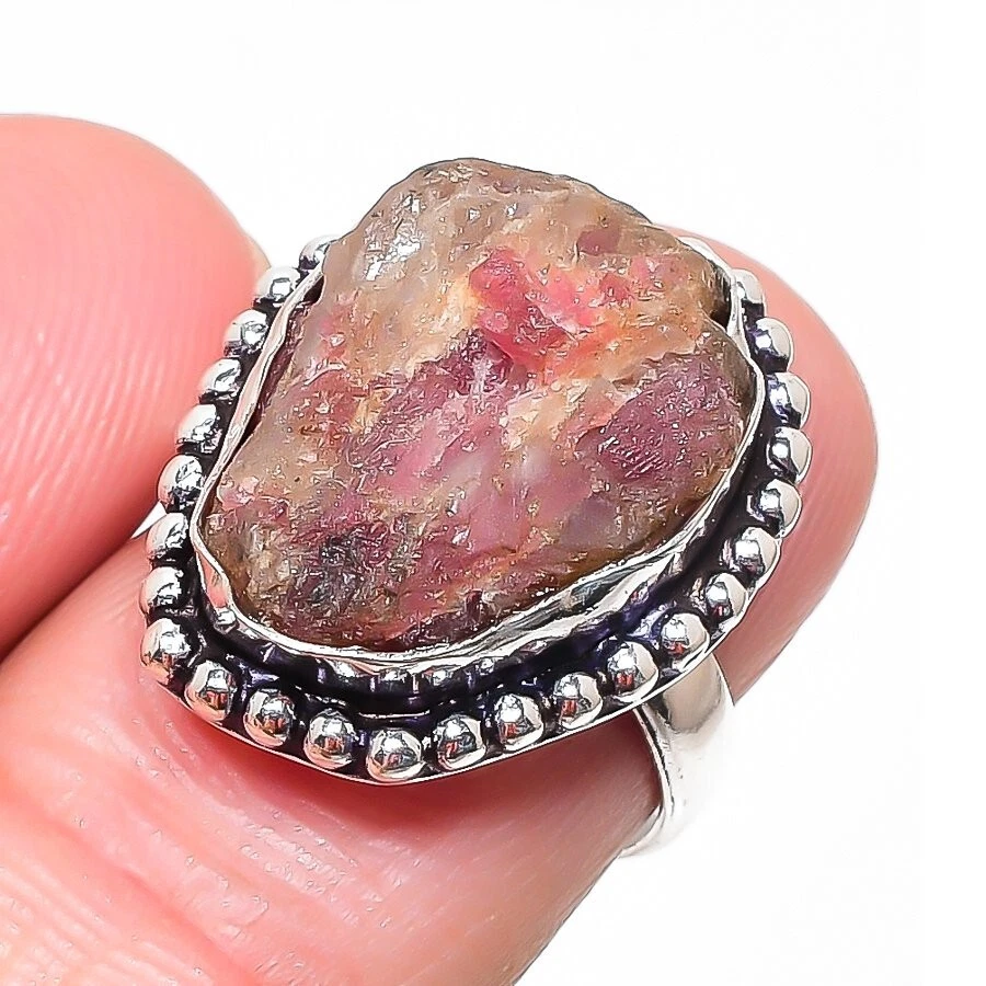 Natural Rough  Rhodonite Gemstone 925 Sterling Silver Jewelry Ring Sz 6.5 (US) Foto 1 de 1