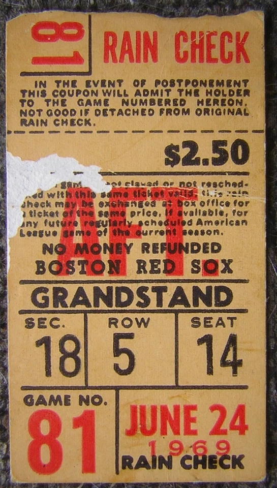 June 24, 1969 Boston Red Sox Grandstand Ticket Stub vs. Cleveland Indians - Yaz - Image 1 of 2