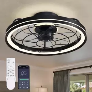 FANNEHONNE Ceiling Fan 19" Integrated LED Flush Mount Indoor Black w/ Light - Picture 1 of 7