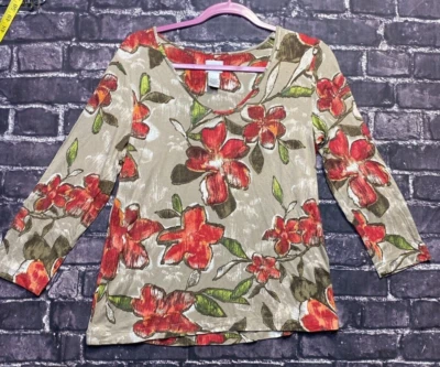 Chicos 2 Top Mujer Grande Beige Rojo Verde Floral Elastizado Acuarela Artístico Informal Foto 1 de 4