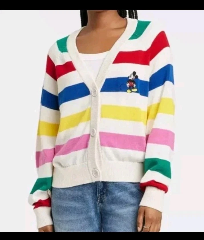 Disney Women L White striped Cardigan Long Sleeves V-neck with Tags