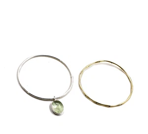 Set Of 2 Slip On Bangles Prehnite Bracelet Solid 925 Sterling Silver Gold Plated - Picture 1 of 5