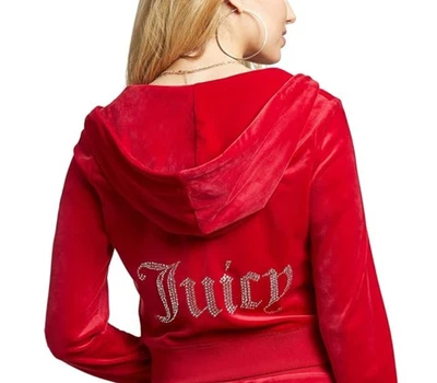 Juicy Couture OG большой блестящий бархат толстовка с капюшоном полный молнии Coco красный стразы Sz S новый - Изображение 1 из 4