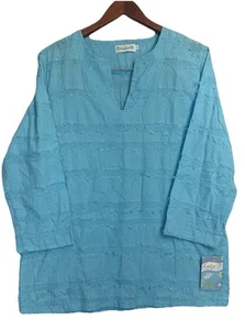 NWT Lulu-B L Blue Textured Cotton Tunic Top Fringe Floral Embroidery Boho L - Picture 1 of 11