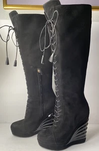 YSL Yves Saint Laurent Boots Knee High Tall Lace Up Suede wedge Black 36.5/ 6 - Picture 1 of 11