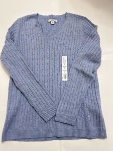 Croft & Barrow Women Blue Cable Knit Long Sleeve V-Neck Pullover Sweater Size M - Picture 1 of 7