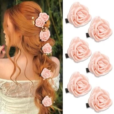  6PCS Flower Hair Clips Small Satin Rose Hair Pins Elegant Hair Flowers Pink - Image 1 of 4