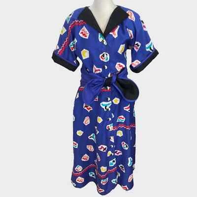 Vestido Camisa Jeanne Marc Vintage Años 80 Púrpura Abstracto Remolino Funky Cinturón XS/S Foto 1 de 4