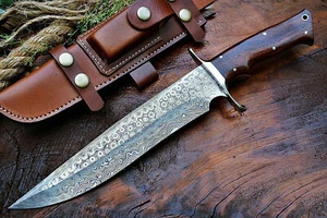 14” Custom Handmade Damascus Steel Bowie Knife with Leather Sheath - Picture 1 of 5