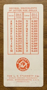 Vintage Starrett Decimals of Number & Letter Size Drills Chart Athol MA P9d - Imagen 1 de 8