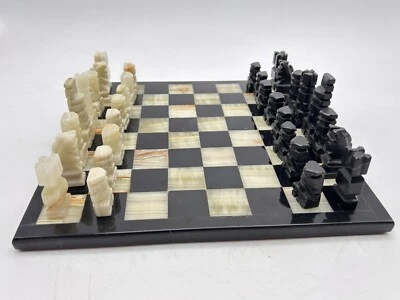 VTG Mexican Aztec Onyx Marble Chess Set 10.5" Board 32 Hand Carved Pieces - Image 1 of 4