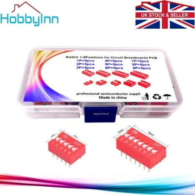Dip Switch Module 2.54mm 45pcs 1P to 9P DIL PCB Breadboard Raspberry PI Arduino - Image 1 of 4