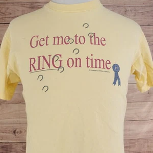 VINTAGE GET ME TO THE RING ON TIME HUFEISEN SINGLE STITCH GELB TSHIRT L XL - Bild 1 von 8