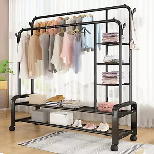 Rolling Clothes Organizer Heavy Duty Clothing Garment Rack Cloth Hanger Carbon - Picture 1 of 9