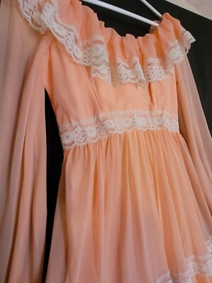 Vestido años 70, vintage, melocotón, manga larga, hasta el suelo Foto 1 de 4