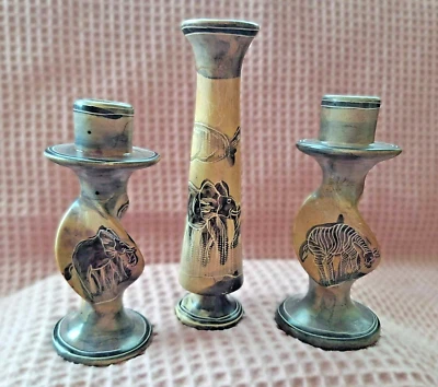 African Hand Carved Twisted  Marble/Soapstone Candle Holder and Vase .Set of 3. - Image 1 of 4