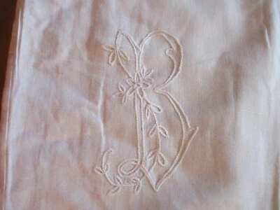 Retour de drap N°61 (partie) ancien en lin monogramme B +  jour 100 X 109 Cm  - Photo 1/4