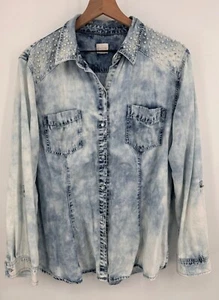 Chicos Button Up Shirt Women XL Acid Washed Embellishments Pearls Rhinestone - Picture 1 of 10