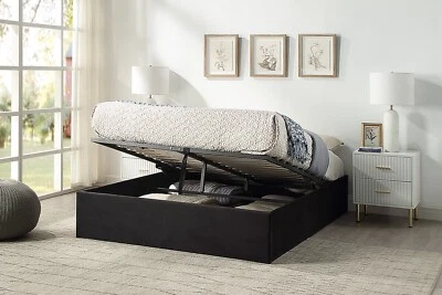 HOME TREATS Platform Ottoman Bed Frame Double Storage Bed & Mattress Queen Black Grey