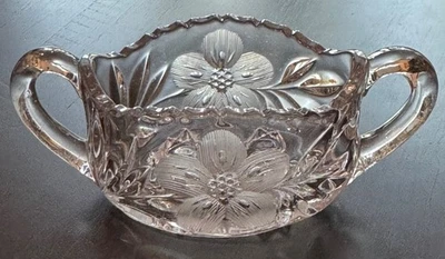 Gorgeous Vintage Heavy Cut Glass & Etched Sugar Bowl - Flowers, Saw Tooth - Image 1 of 4