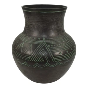 Norse 1900s Vintage Art Pottery Bronze Ware Black Ceramic Incised Vase 13 - Picture 1 of 6