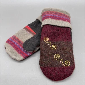 Guantes de invierno artesanales de lana forrados de lana bordados gris borgoña a rayas - Imagen 1 de 10