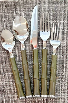 Faux Bamboo Green Handle Stainless Flatware Silver End Caps 5 Piece Set Tiki - Image 1 of 4