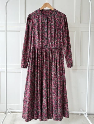 Vintage Laura Ashley Colorful Dark Floral Cotton Dress Long Sleeve Size Medium - Image 1 of 4