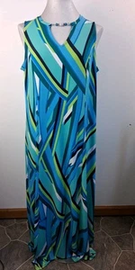 Susan Graver Printed Liquid Knit Maxi Dress Size Large Blue Green Sleeveless - Picture 1 of 12