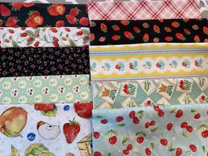 Lot 10 Strawberry Cherry Fruit Fabric scraps 9" x 21" quilt cotton - Picture 1 of 3