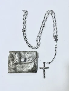 Rosario Cruz Vintage Plata de Ley y Cristal Austríaco en Bolsa de Malla Católica - Imagen 1 de 11
