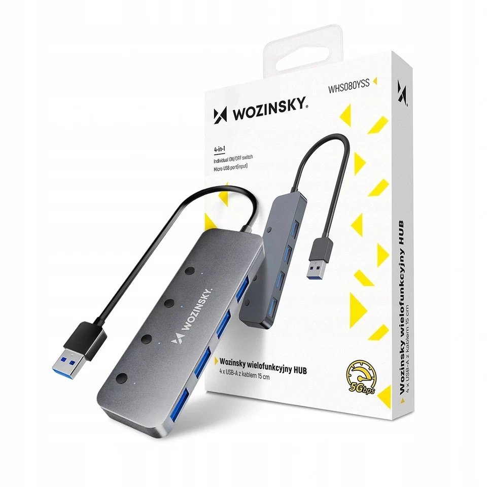 Wozinsky USB 3.0 Hub 4 Ports mit Aluminiumbauweise und LED-Schalter - Bild 1 von 4