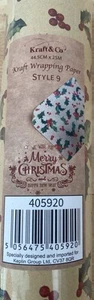 Geschenkpapier KRAFT AND CO Weihnachten 45,5 cm x 25 Meter - Stechpalme & Beeren NEU - Bild 1 von 2