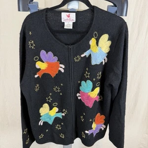 Quacker Factory Vintage Ladies Medium Black Wool Angels Zip Cardigan Sweater - Picture 1 of 3
