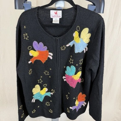Quacker Factory Vintage Ladies Medium Black Wool Angels Zip Cardigan Sweater - Image 1 of 3