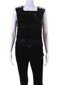 Elie Tahari Womens Sleeveless Fringe Square Neck Lace Trim Top Black Size Small - Picture 1 of 4