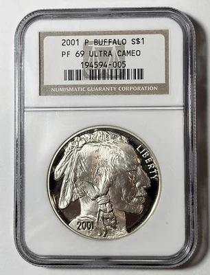 2001-P silver BUFFALO Dollar, NGC PROOF-69 ULTRA CAMEO - Image 1 of 2