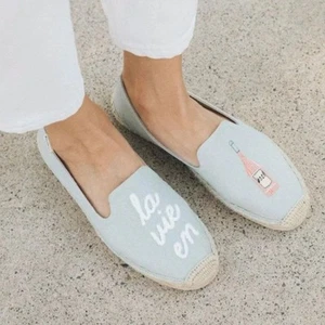 Soludos Espadrilles Loafers La Vie En Rose Embroidery in Greenish/Gray Size 8 - Picture 1 of 11