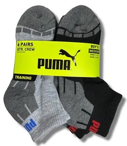 PUMA SOCKS BOYS X6 - QUARTER 253 - CUBE GREY BCK - MEDIUM SZ SHOE 9-3.5 - 6 PACK - Picture 1 of 2