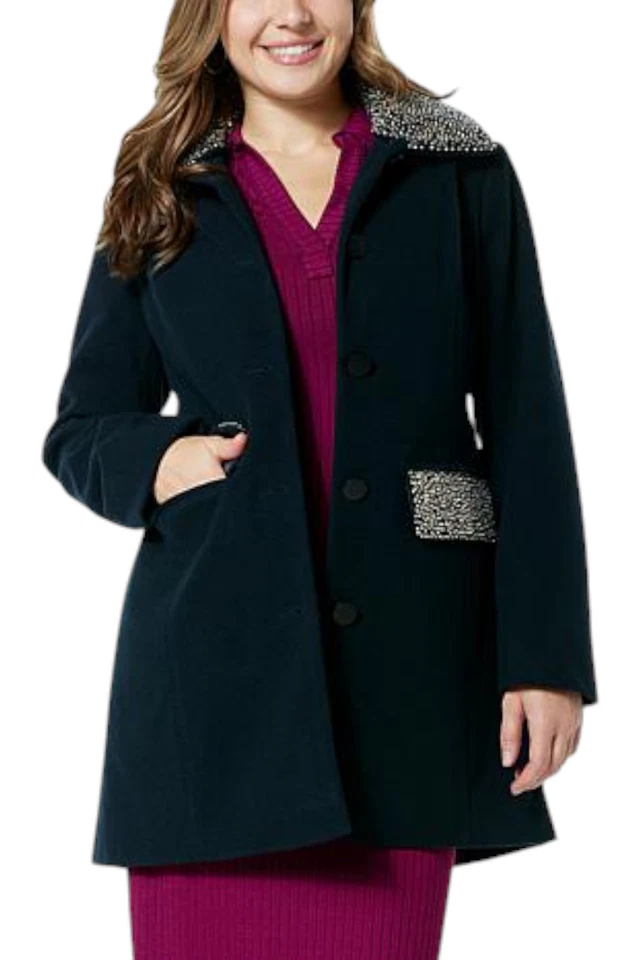 Abrigo para mujer Colleen Lopez imitación lana detalle cuentas negro Foto 1 de 1