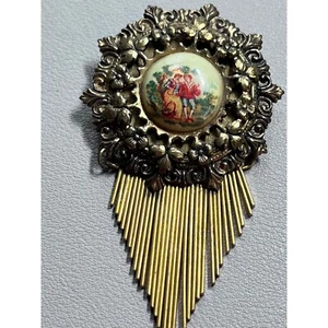 Vintage Coro Gold tone Brooch with Painted Couple and Metal Fringe, 1930's - Picture 1 of 12